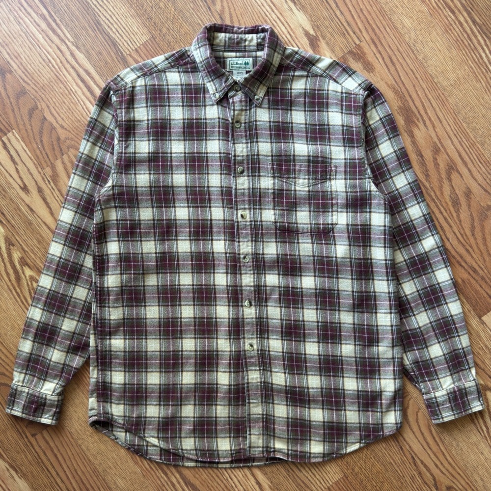L.L.Bean flannel shirt men's M plaid burgundy tan 90s preppy